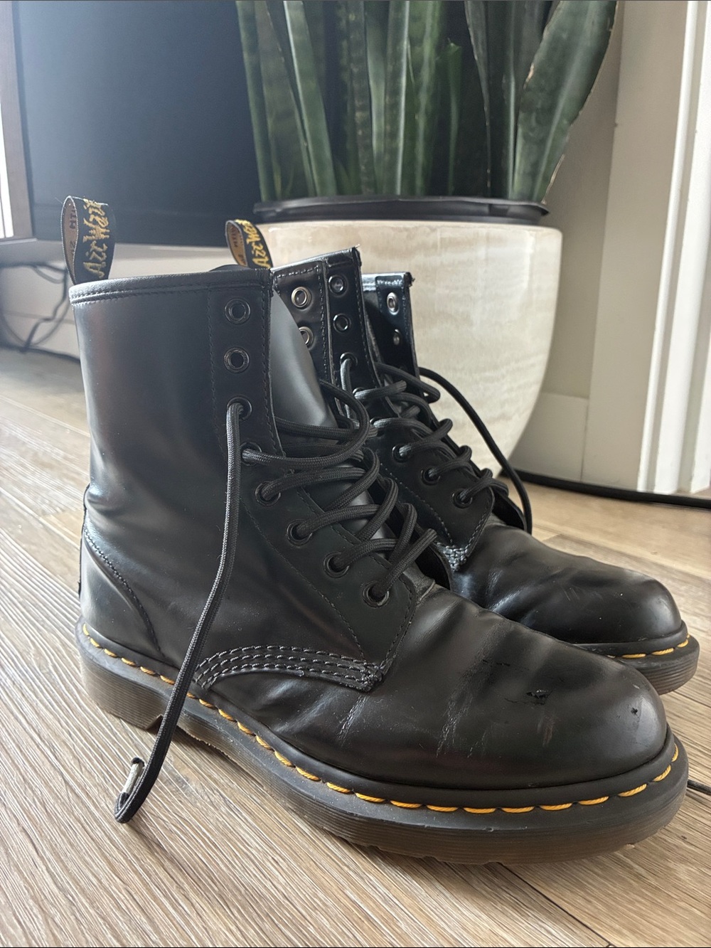 Dr. Martens Black Leather Lace-Up Combat Boots with Yellow Stitching